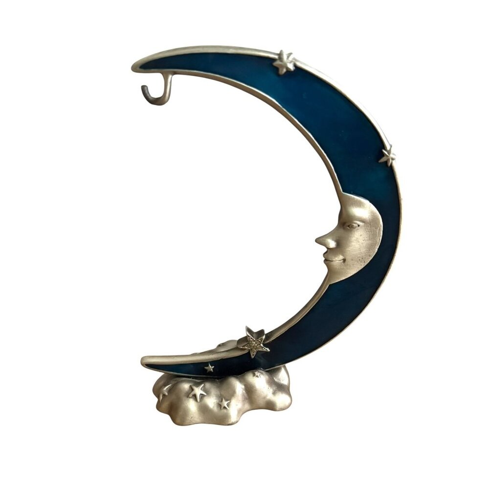 Spoontiques Pewter Glitter Blue Enameled Moon Face Star Ornament Holder Stand - Picture 8 of 8